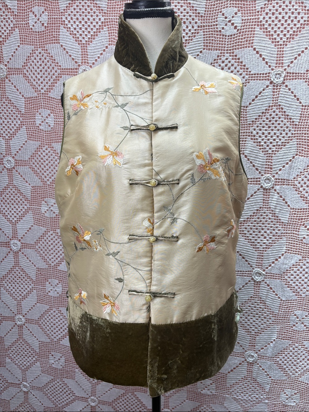 Silk Embroidered Sleeveless Jacket - Ivory & Olive
